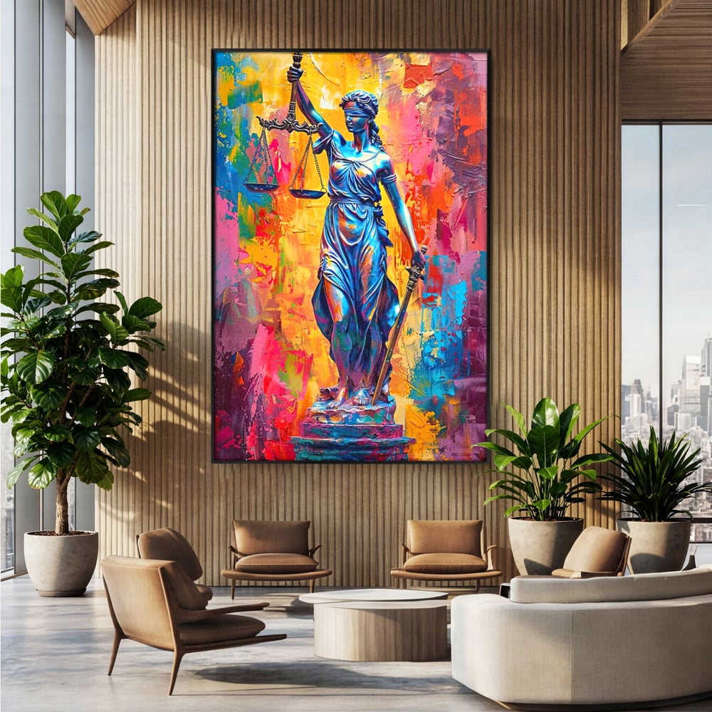 Tablou canvas cu tablou canvas cu zeita justitiei, in rama de aluminiu negru, pe perete intr-un birou